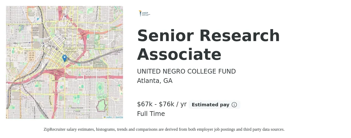 UNITED NEGRO COLLEGE FUND job posting for a Senior Research Associate in Atlanta, GA with a salary of $67,700 to $76,200 Yearly with a map of Atlanta location.