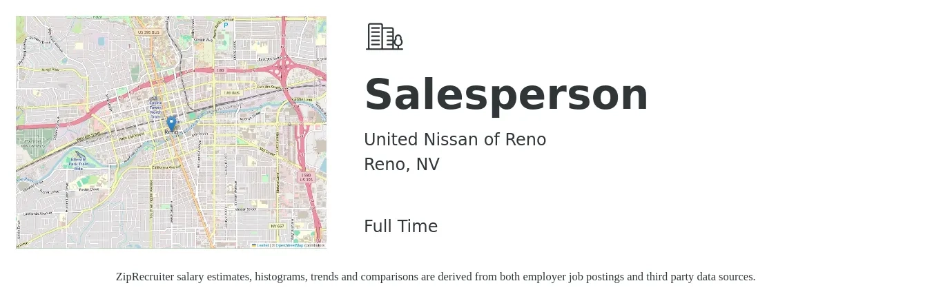 United Nissan of Reno job posting for a Salesperson in Reno, NV with a salary of $34,900 to $64,800 Yearly with a map of Reno location.