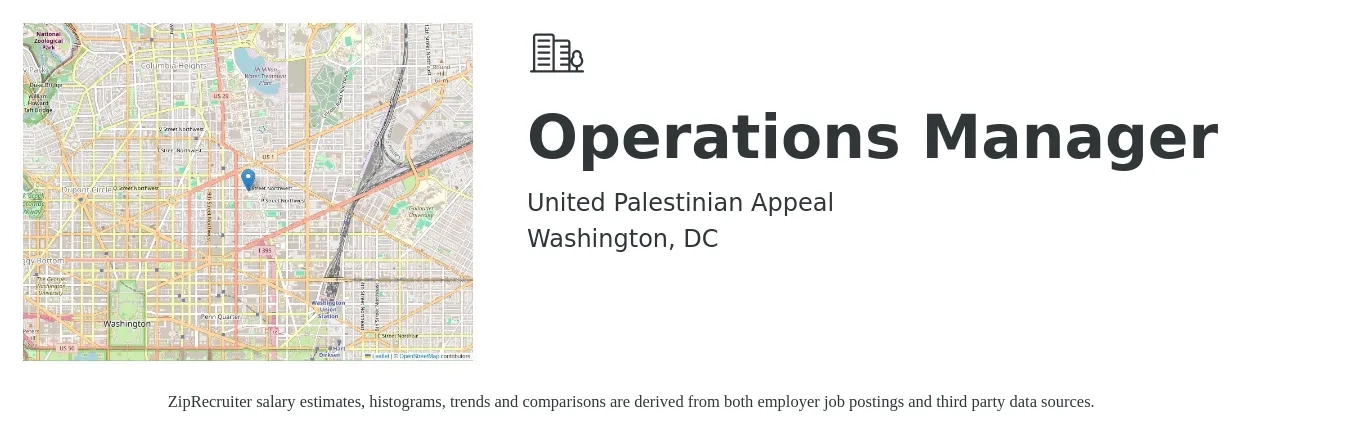 United Palestinian Appeal job posting for a Operations Manager in Washington, DC with a salary of $46,400 to $87,800 Yearly and benefits including life_insurance, medical, pto, retirement, vision, and dental with a map of Washington location.