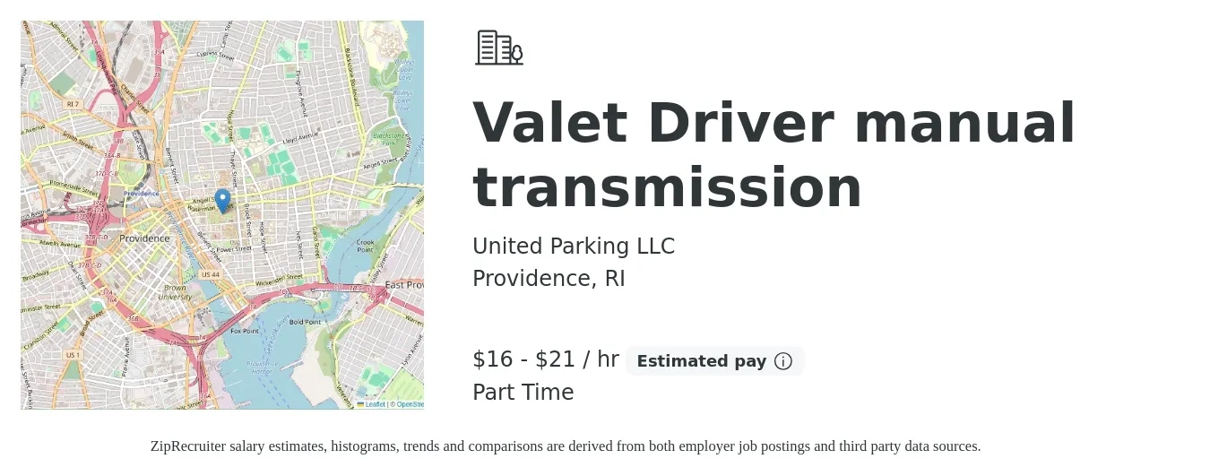 United Parking LLC job posting for a Valet Driver manual transmission in Providence, RI with a salary of $17 to $22 Hourly with a map of Providence location.