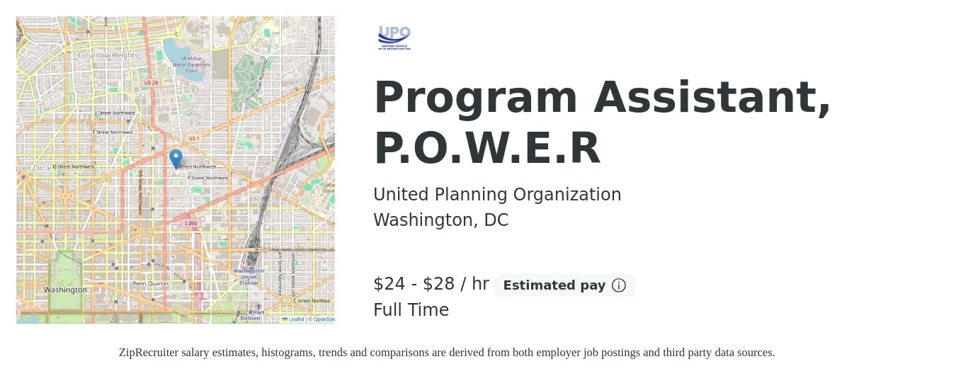 United Planning Organization job posting for a Program Assistant, P.O.W.E.R in Washington, DC with a salary of $25 to $30 Hourly with a map of Washington location.