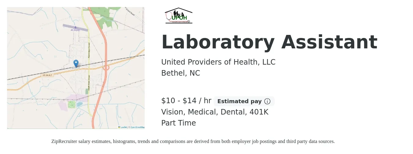 United Providers of Health, LLC job posting for a Laboratory Assistant in Bethel, NC with a salary of $11 to $15 Hourly and benefits including 401k, dental, medical, and vision with a map of Bethel location.