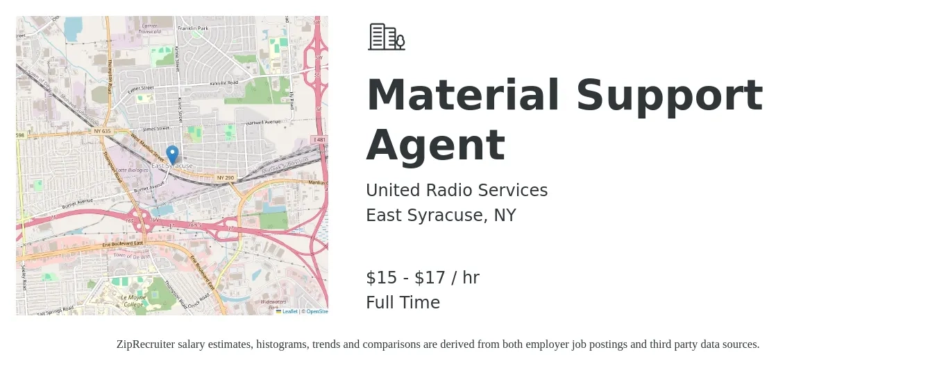 United Radio Services job posting for a Material Support Agent in East Syracuse, NY with a salary of $16 to $18 Hourly with a map of East Syracuse location.