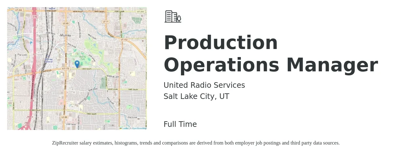 United Radio Services job posting for a Production Operations Manager in Salt Lake City, UT with a salary of $59,800 to $111,800 Yearly with a map of Salt Lake City location.