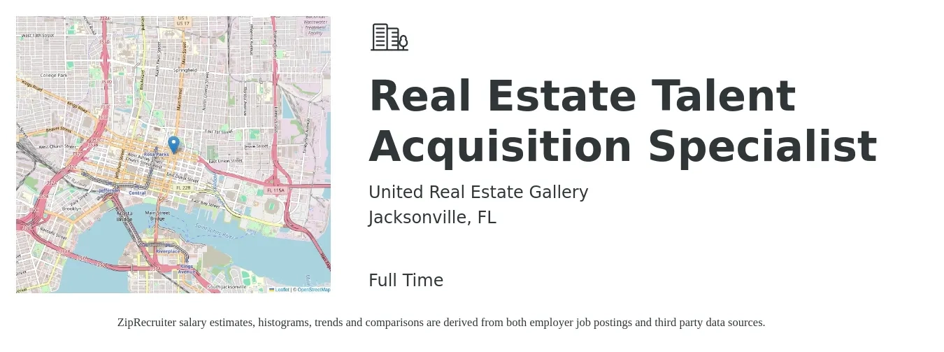 United Real Estate Gallery job posting for a Real Estate Talent Acquisition Specialist in Jacksonville, FL with a salary of $50,000 Yearly with a map of Jacksonville location.
