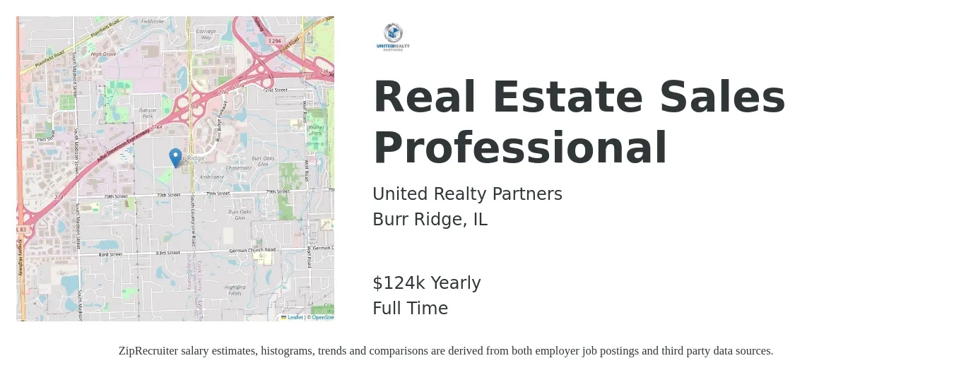 United Realty Partners job posting for a Real Estate Sales Professional in Burr Ridge, IL with a salary of $124,500 Yearly with a map of Burr Ridge location.