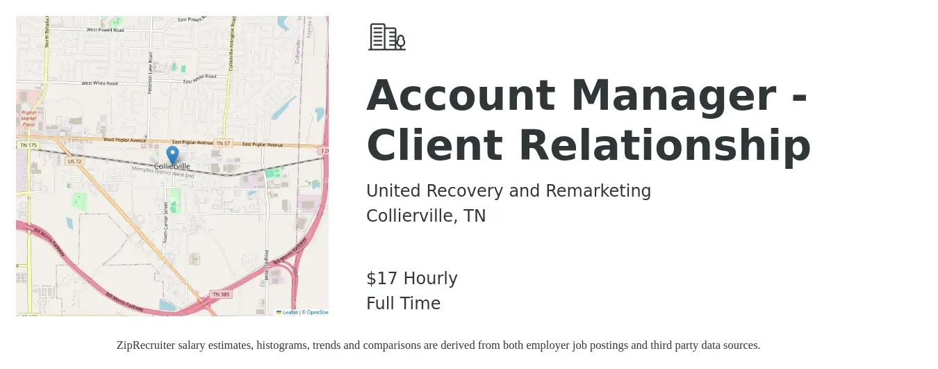 United Recovery and Remarketing job posting for a Account Manager - Client Relationship in Collierville, TN with a salary of $18 Hourly with a map of Collierville location.