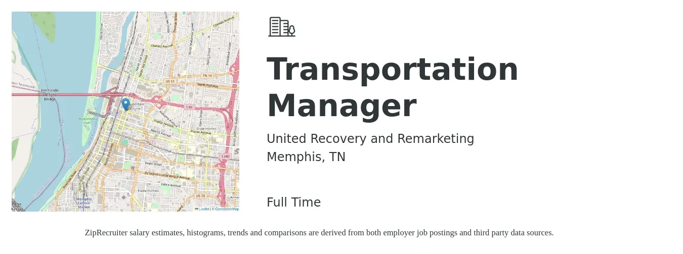 United Recovery and Remarketing job posting for a Transportation Manager in Memphis, TN with a salary of $50,700 to $74,900 Yearly with a map of Memphis location.