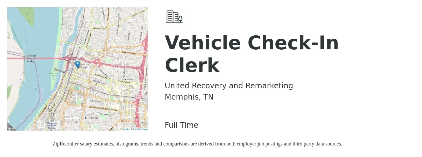 United Recovery and Remarketing job posting for a Vehicle Check-In Clerk in Memphis, TN with a salary of $15 to $16 Hourly with a map of Memphis location.