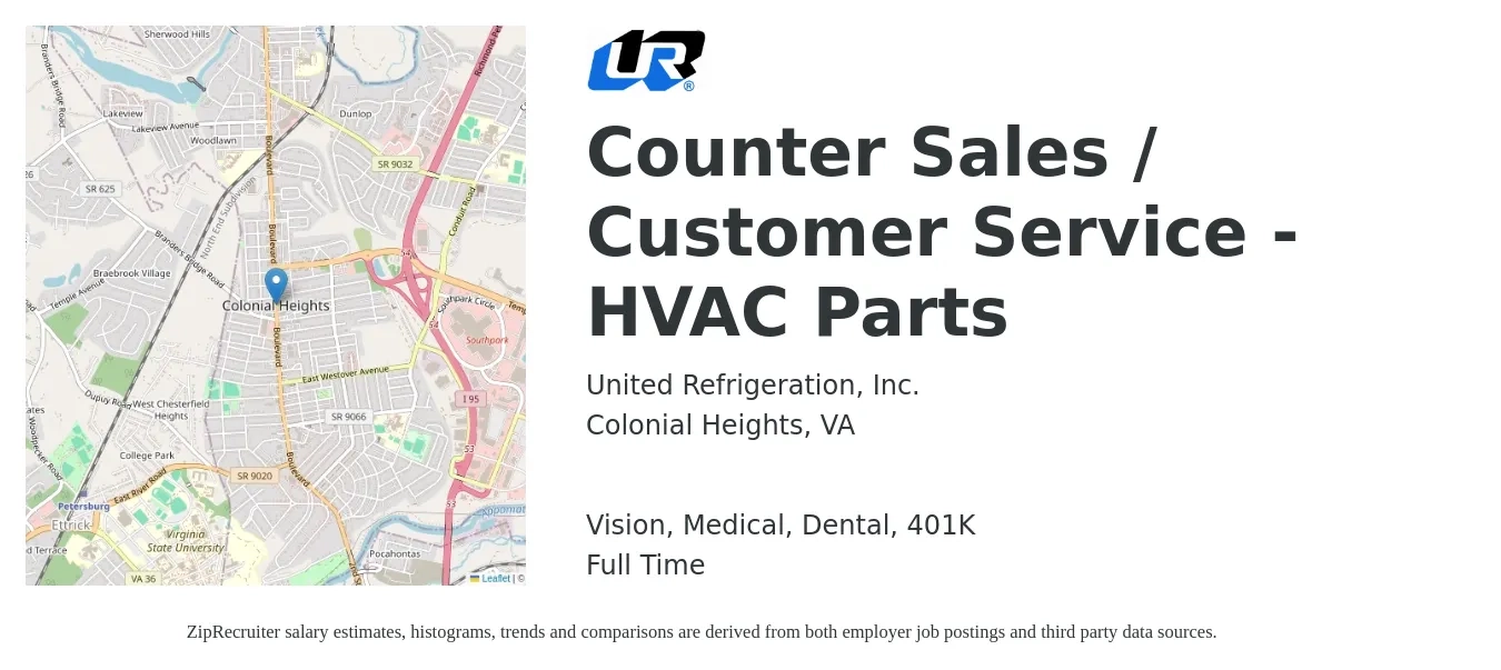 United Refrigeration, Inc. job posting for a Counter Sales / Customer Service - HVAC Parts in Colonial Heights, VA with a salary of $15 to $20 Hourly and benefits including life_insurance, medical, vision, 401k, and dental with a map of Colonial Heights location.