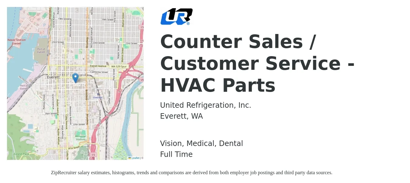 United Refrigeration, Inc. job posting for a Counter Sales / Customer Service - HVAC Parts in Everett, WA with a salary of $18 to $23 Hourly and benefits including vision, dental, life_insurance, medical, and retirement with a map of Everett location.