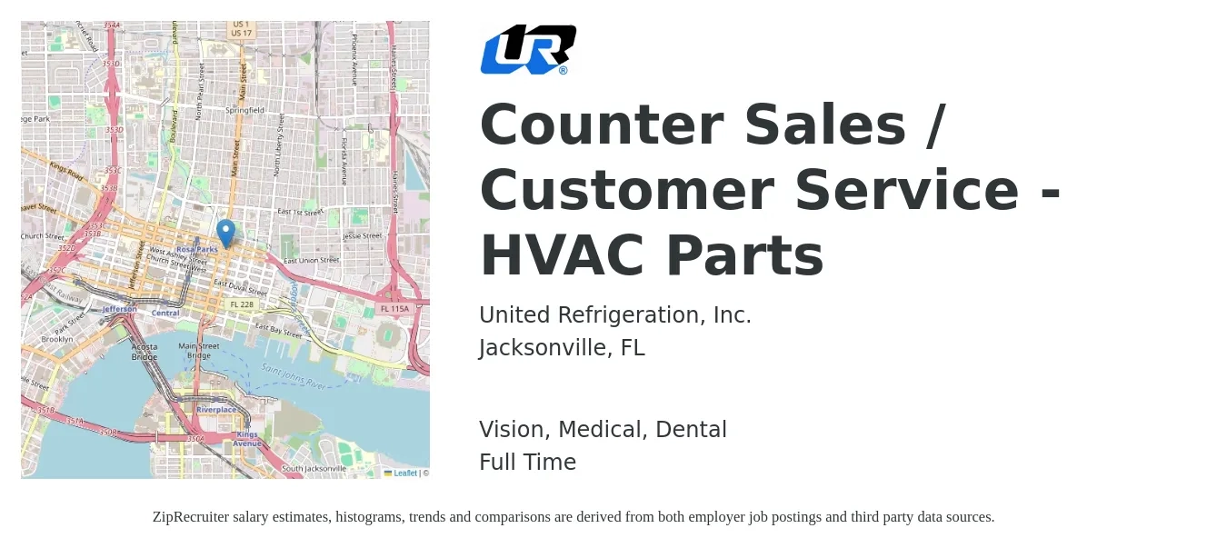 United Refrigeration, Inc. job posting for a Counter Sales / Customer Service - HVAC Parts in Jacksonville, FL with a salary of $15 to $20 Hourly and benefits including medical, pto, retirement, vision, dental, and life_insurance with a map of Jacksonville location.