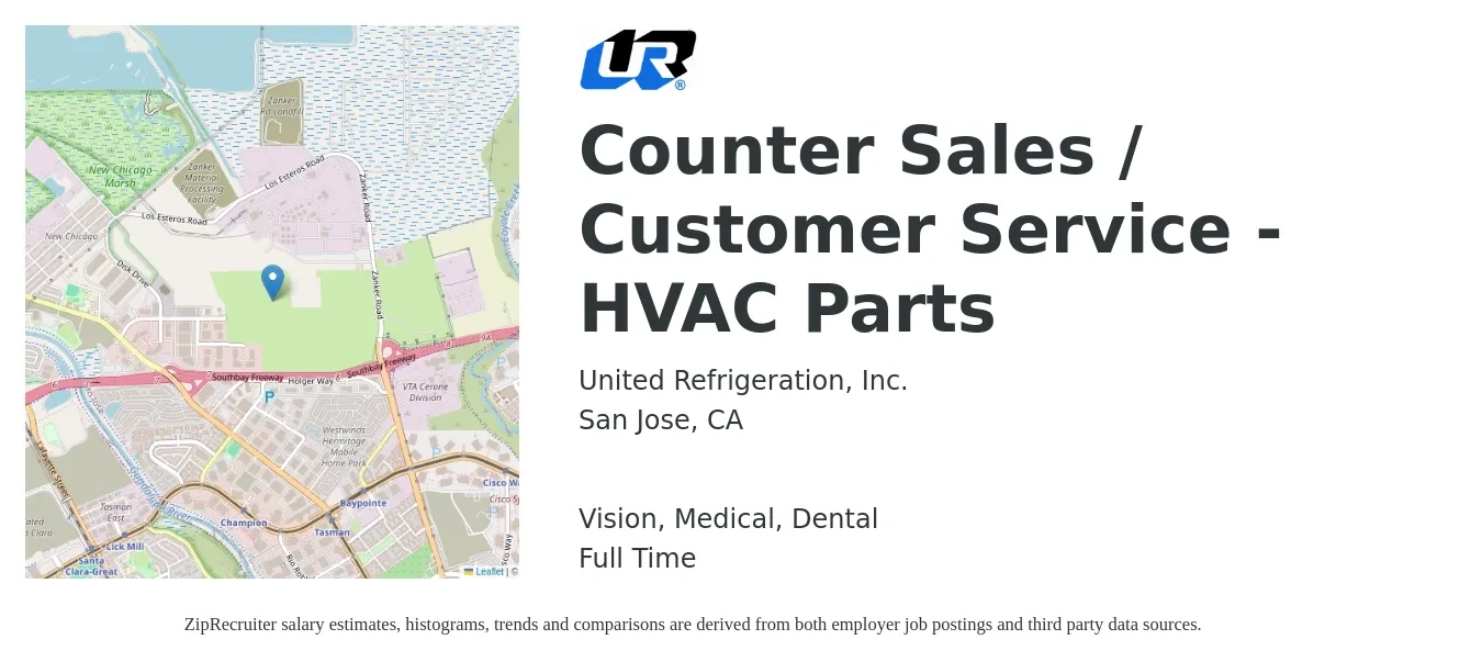 United Refrigeration, Inc. job posting for a Counter Sales / Customer Service - HVAC Parts in San Jose, CA with a salary of $19 to $24 Hourly and benefits including vision, dental, life_insurance, medical, pto, and retirement with a map of San Jose location.