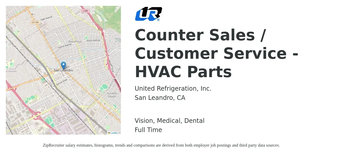 United Refrigeration, Inc. job posting for a Counter Sales / Customer Service - HVAC Parts in San Leandro, CA with a salary of $18 to $24 Hourly and benefits including dental, life_insurance, medical, retirement, and vision with a map of San Leandro location.