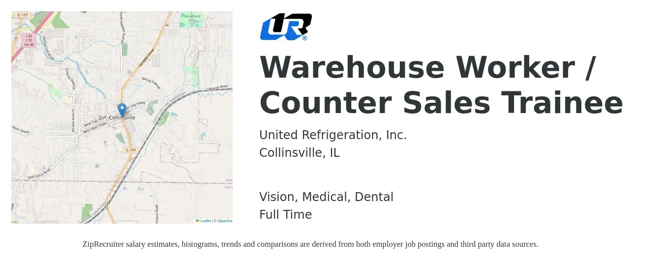 United Refrigeration, Inc. job posting for a Warehouse Worker / Counter Sales Trainee in Collinsville, IL with a salary of $15 to $18 Hourly and benefits including life_insurance, medical, retirement, vision, and dental with a map of Collinsville location.