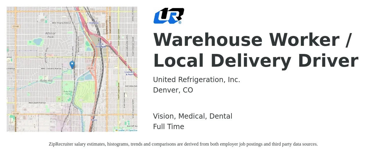 United Refrigeration, Inc. job posting for a Warehouse Worker / Local Delivery Driver in Denver, CO with a salary of $17 to $21 Hourly and benefits including dental, life_insurance, medical, retirement, and vision with a map of Denver location.