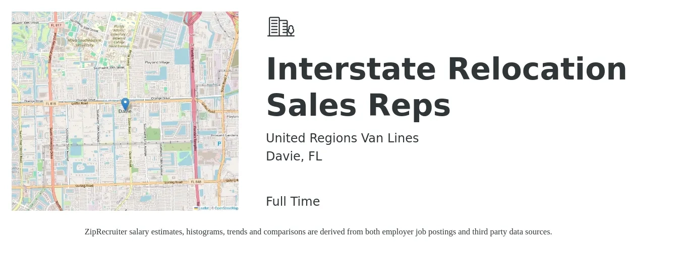 United Regions Van Lines job posting for a Interstate Relocation Sales Reps in Davie, FL with a salary of $41,200 to $73,300 Yearly with a map of Davie location.