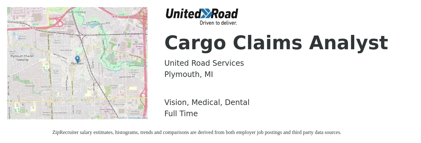 United Road Services job posting for a Cargo Claims Analyst in Plymouth, MI with a salary of $20 to $31 Hourly and benefits including retirement, vision, dental, life_insurance, and medical with a map of Plymouth location.
