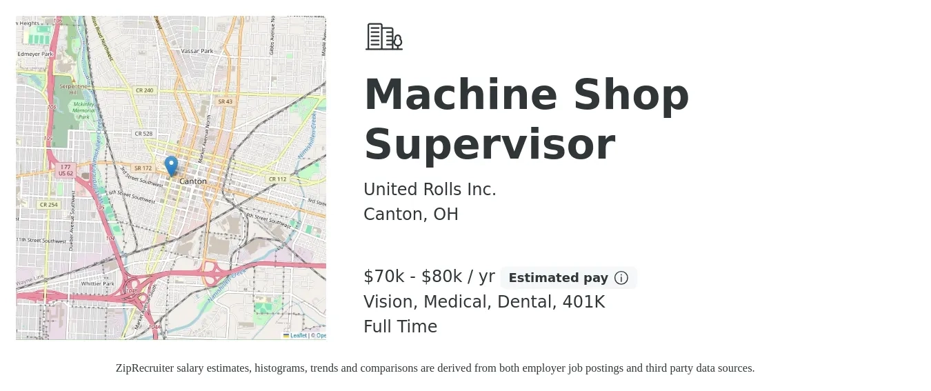 United Rolls Inc. job posting for a Machine Shop Supervisor in Canton, OH with a salary of $70,000 to $80,000 Yearly and benefits including dental, life_insurance, medical, vision, and 401k with a map of Canton location.