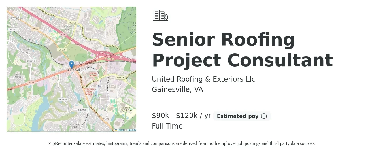 United Roofing & Exteriors Llc job posting for a Senior Roofing Project Consultant in Gainesville, VA with a salary of $90,000 to $120,000 Yearly with a map of Gainesville location.
