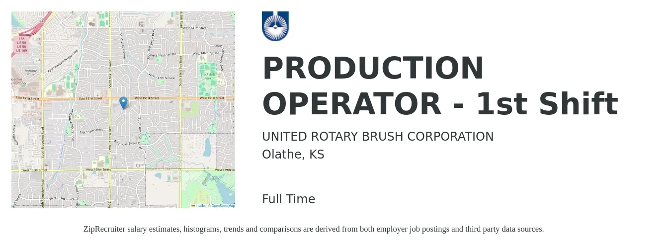UNITED ROTARY BRUSH CORPORATION job posting for a PRODUCTION OPERATOR - 1st Shift in Olathe, KS with a salary of $16 to $19 Hourly with a map of Olathe location.