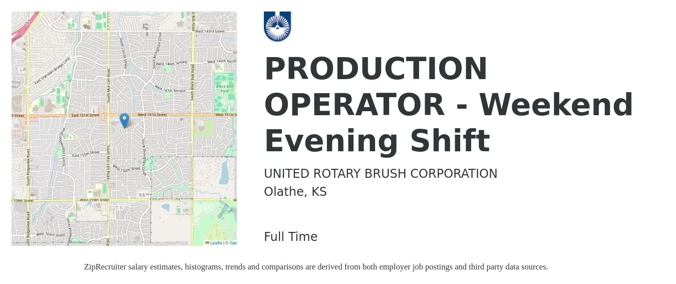 UNITED ROTARY BRUSH CORPORATION job posting for a PRODUCTION OPERATOR - Weekend Evening Shift in Olathe, KS with a salary of $16 to $19 Hourly with a map of Olathe location.