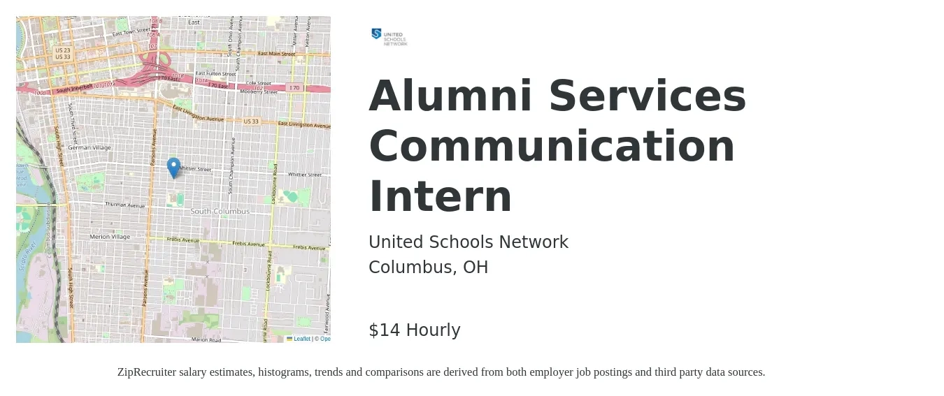 United Schools Network job posting for a Alumni Services Communication Intern in Columbus, OH with a salary of $15 Hourly with a map of Columbus location.
