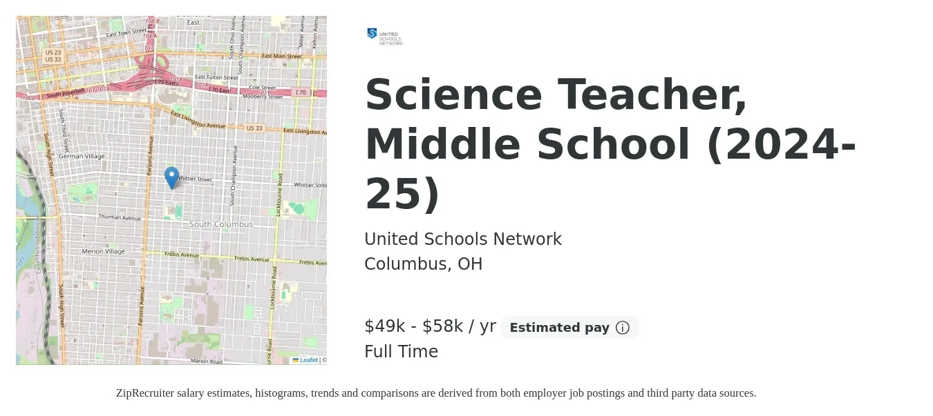 United Schools Network job posting for a Science Teacher, Middle School (2024-25) in Columbus, OH with a salary of $49,000 to $58,804 Yearly with a map of Columbus location.