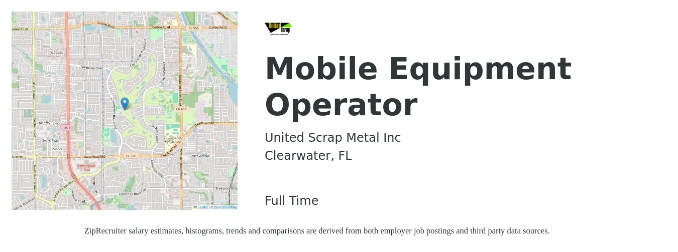 United Scrap Metal Inc job posting for a Mobile Equipment Operator in Clearwater, FL with a salary of $16 to $24 Hourly with a map of Clearwater location.