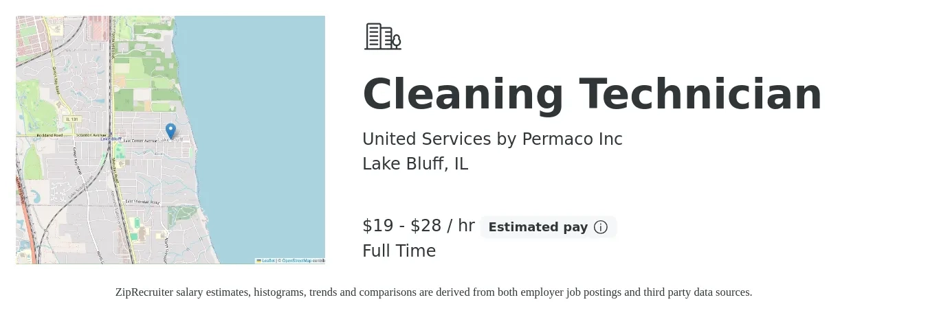 United Services by Permaco Inc job posting for a Cleaning Technician in Lake Bluff, IL with a salary of $20 to $30 Hourly with a map of Lake Bluff location.