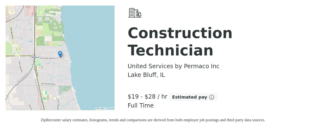 United Services by Permaco Inc job posting for a Construction Technician in Lake Bluff, IL with a salary of $20 to $30 Hourly with a map of Lake Bluff location.