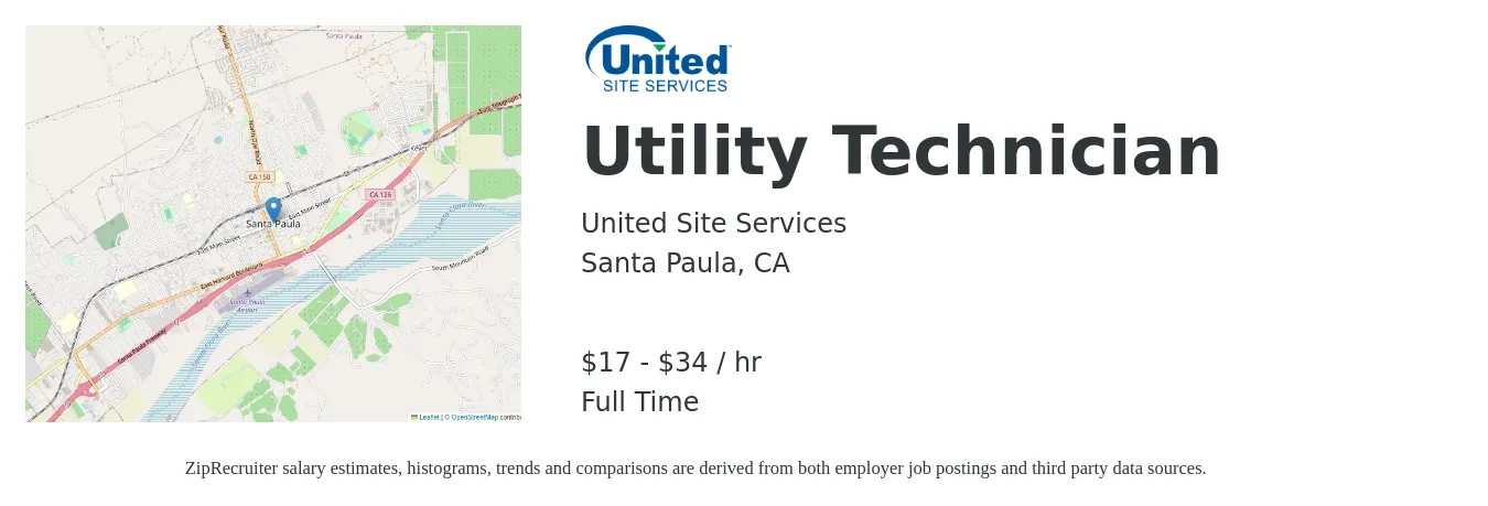 United Site Services job posting for a Utility Technician in Santa Paula, CA with a salary of $18 to $36 Hourly with a map of Santa Paula location.