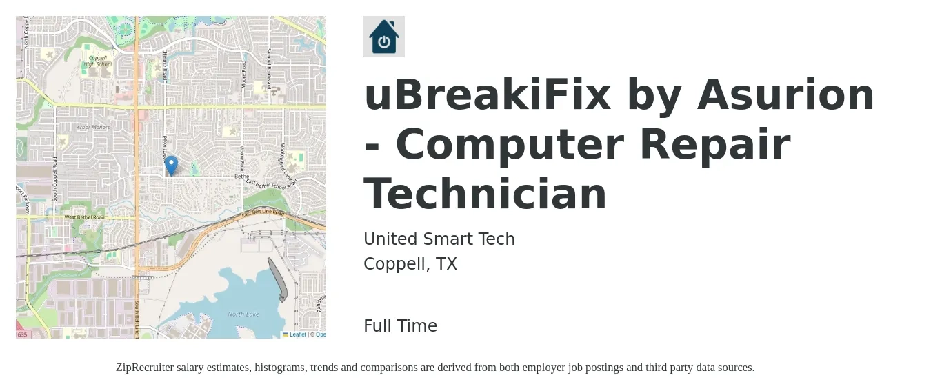 United Smart Tech job posting for a uBreakiFix by Asurion - Computer Repair Technician in Coppell, TX with a salary of $15 to $16 Hourly with a map of Coppell location.