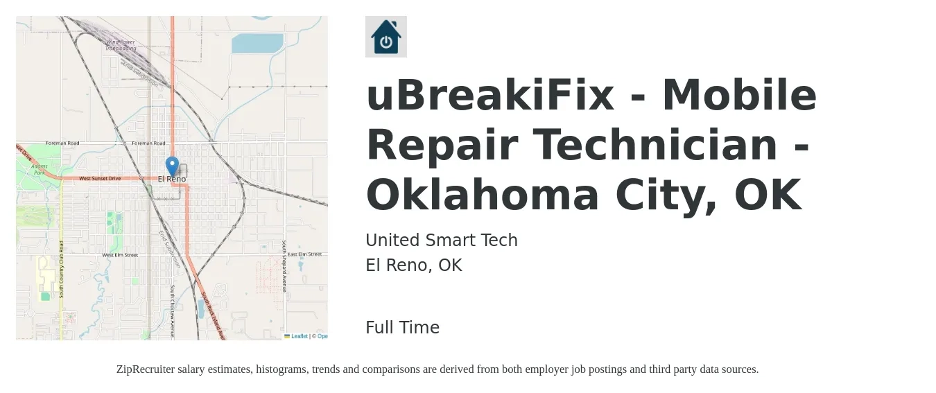 United Smart Tech job posting for a uBreakiFix - Mobile Repair Technician - Oklahoma City, OK in El Reno, OK with a salary of $15 Hourly with a map of El Reno location.