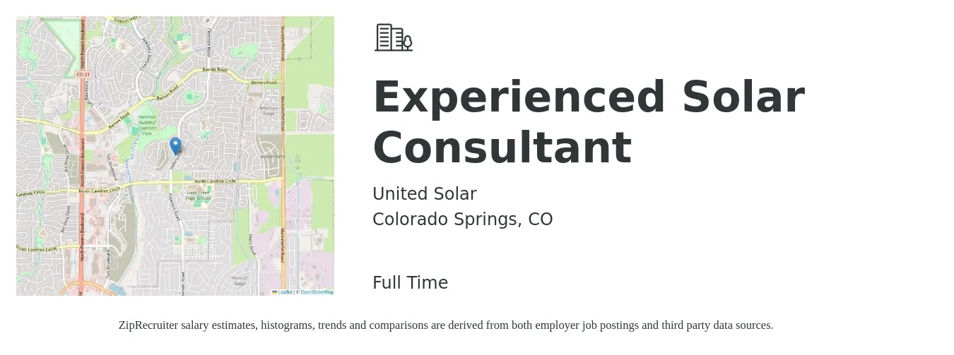 United Solar job posting for a Experienced Solar Consultant in Colorado Springs, CO with a salary of $58,100 to $110,400 Yearly with a map of Colorado Springs location.