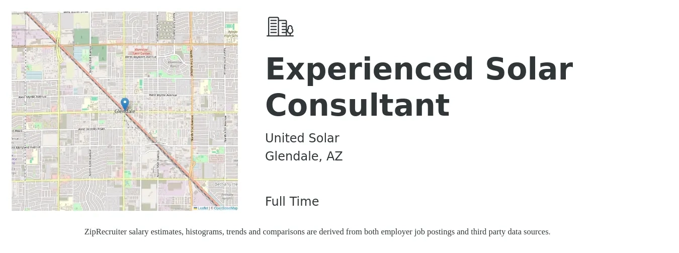 United Solar job posting for a Experienced Solar Consultant in Glendale, AZ with a salary of $58,700 to $111,400 Yearly with a map of Glendale location.