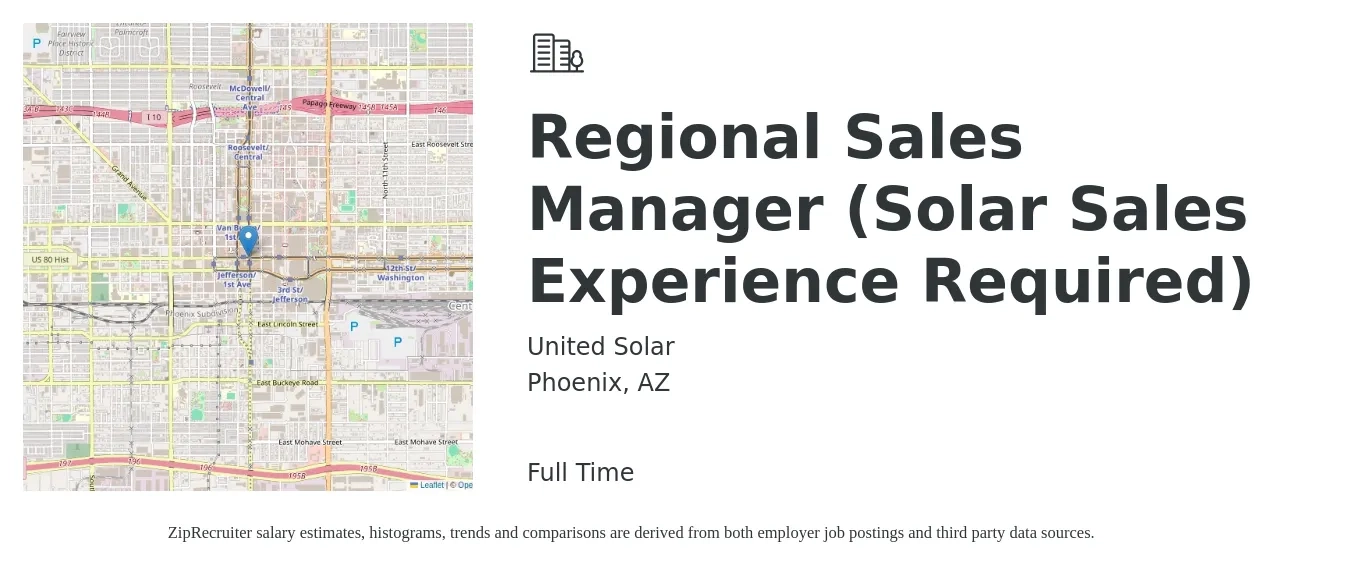 United Solar job posting for a Regional Sales Manager (Solar Sales Experience Required) in Phoenix, AZ with a salary of $71,500 to $111,700 Yearly with a map of Phoenix location.
