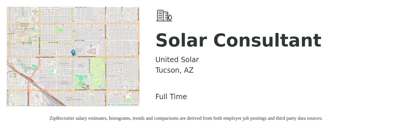 United Solar job posting for a Solar Consultant in Tucson, AZ with a salary of $55,800 to $105,900 Yearly with a map of Tucson location.