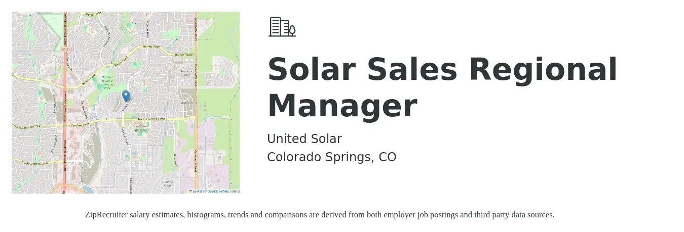 United Solar job posting for a Solar Sales Regional Manager in Colorado Springs, CO with a salary of $71,000 to $110,900 Yearly with a map of Colorado Springs location.