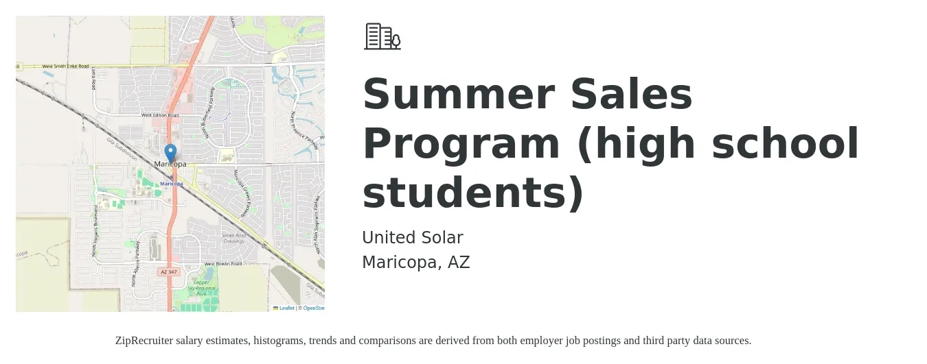 United Solar job posting for a Summer Sales Program (high school students) in Maricopa, AZ with a salary of $52,200 to $90,700 Yearly with a map of Maricopa location.