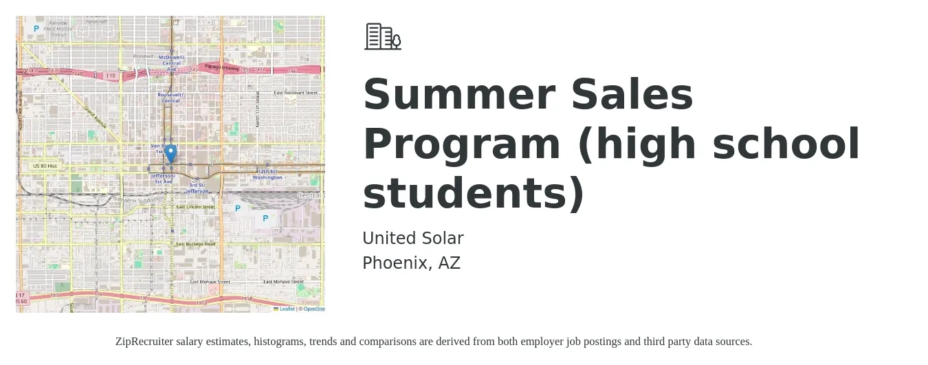 United Solar job posting for a Summer Sales Program (high school students) in Phoenix, AZ with a salary of $53,100 to $92,300 Yearly with a map of Phoenix location.