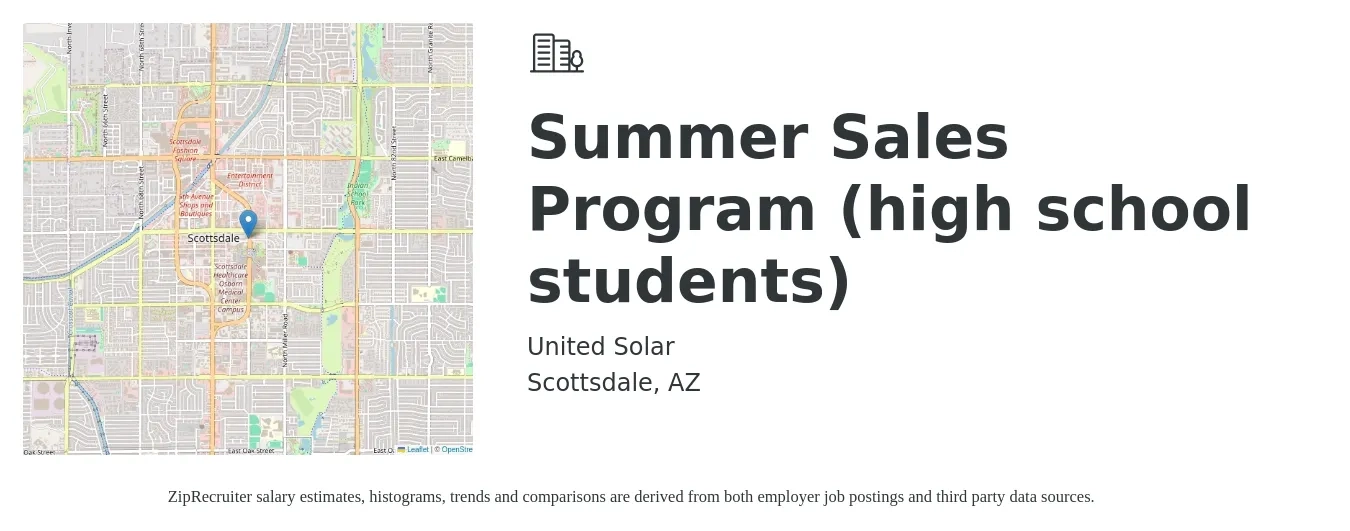 United Solar job posting for a Summer Sales Program (high school students) in Scottsdale, AZ with a salary of $53,900 to $93,700 Yearly with a map of Scottsdale location.