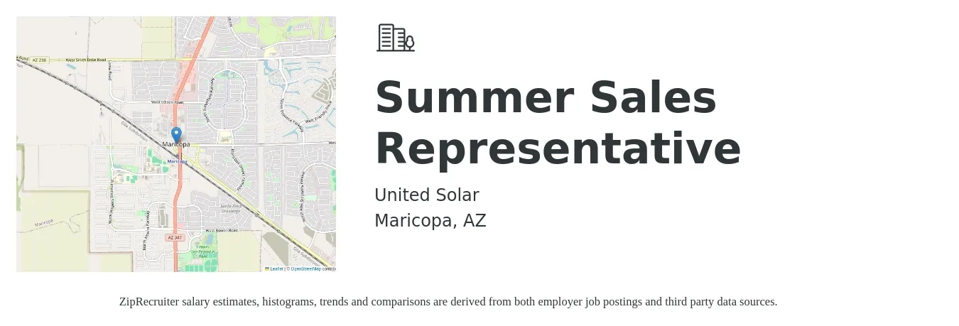 United Solar job posting for a Summer Sales Representative in Maricopa, AZ with a salary of $52,200 to $90,700 Yearly with a map of Maricopa location.