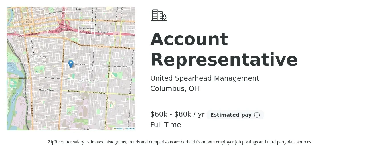 United Spearhead Management job posting for a Account Representative in Columbus, OH with a salary of $60,000 to $80,000 Yearly (plus commission) with a map of Columbus location.