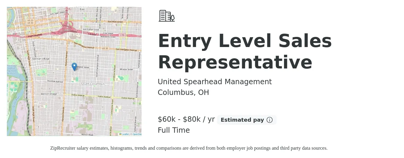 United Spearhead Management job posting for a Entry Level Sales Representative in Columbus, OH with a salary of $60,000 to $80,000 Yearly with a map of Columbus location.