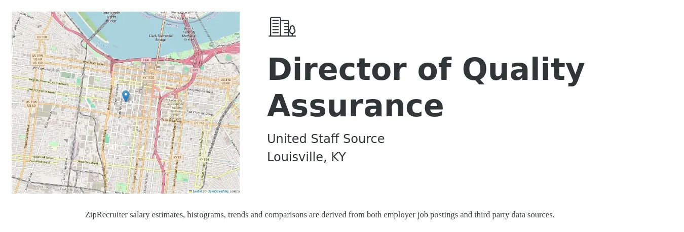 United Staff Source job posting for a Director of Quality Assurance in Louisville, KY with a salary of $99,000 to $162,400 Yearly with a map of Louisville location.