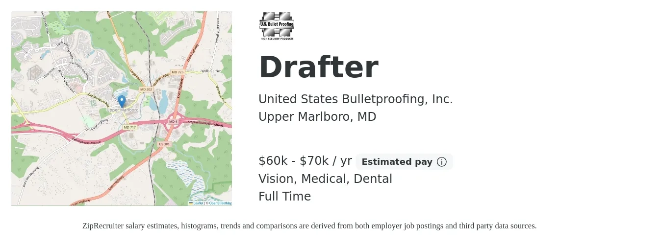 United States Bulletproofing, Inc. job posting for a Drafter in Upper Marlboro, MD with a salary of $60,000 to $70,000 Yearly and benefits including dental, life_insurance, medical, pto, retirement, and vision with a map of Upper Marlboro location.