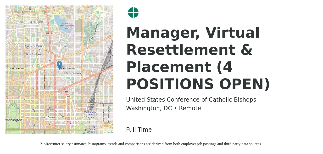 United States Conference of Catholic Bishops job posting for a Manager, Virtual Resettlement & Placement (4 POSITIONS OPEN) in Washington, DC with a salary of $19 to $35 Hourly with a map of Washington location.