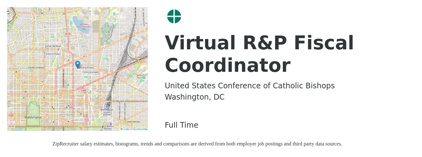United States Conference of Catholic Bishops job posting for a Virtual R&P Fiscal Coordinator in Washington, DC with a salary of $47,600 to $62,100 Yearly with a map of Washington location.