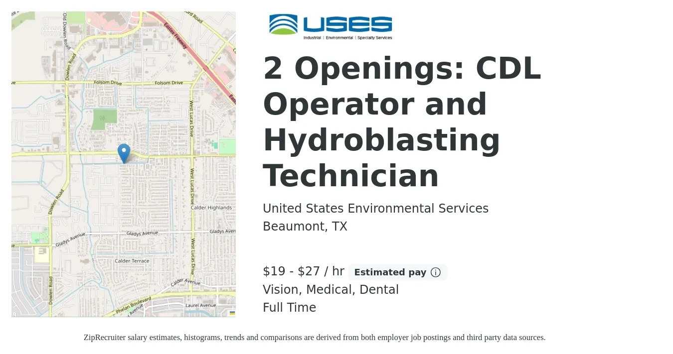United States Environmental Services job posting for a 2 Openings: CDL Operator and Hydroblasting Technician in Beaumont, TX with a salary of $20 to $29 Hourly and benefits including dental, life_insurance, medical, pto, retirement, and vision with a map of Beaumont location.